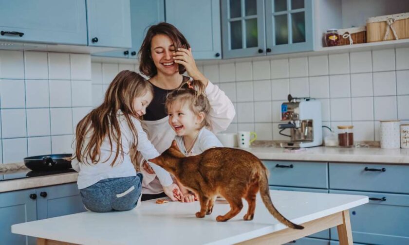A mother laughing as her two daughters and cat sit on a kitchen table and play with each other.